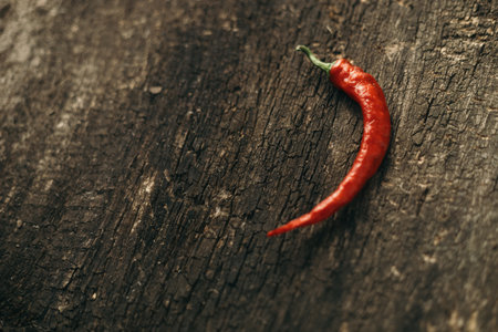 Red hot chili pepper on old wooden background. Copy space for text.