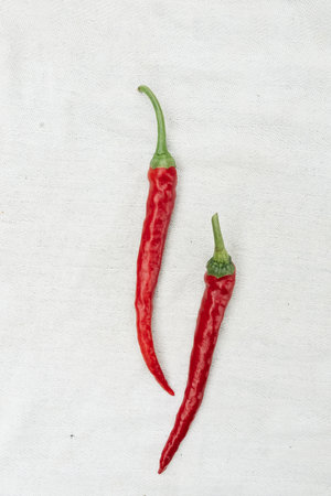 Red hot chili pepper on white cloth background, top view, copy space