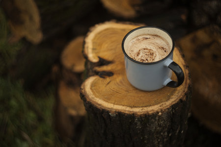 Cappuccino in a mug on a stump. Close-up.の写真素材