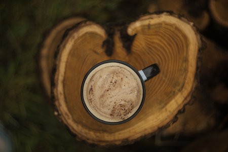 Cup of cappuccino or latte coffee in the forestの写真素材