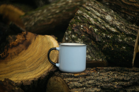 Cup of coffee on a tree stump in the forest. Selective focus.の写真素材