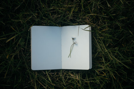 Top view of open notebook with blank pages lying on green grass.の写真素材