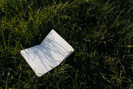 Notebook in the grass on a sunny day. Copy space.