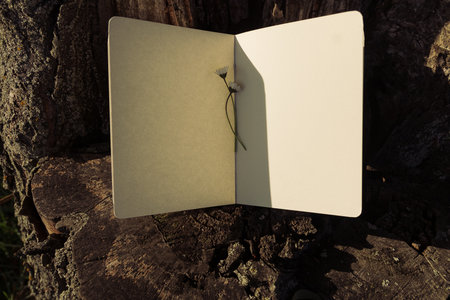 Blank paper notebook on wooden background. Vintage style.