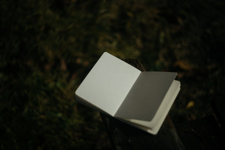 Blank white paper book on wooden table in garden. Selective focus.