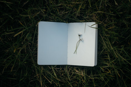 Blank notebook on the grass in the park. Top view.の写真素材