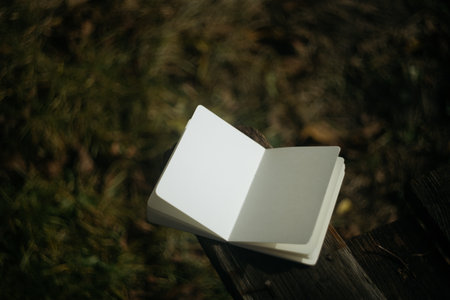 Blank book on a wooden table with green grass in the background