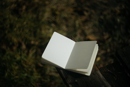 Blank book on a bench in the garden. Selective focus.の写真素材