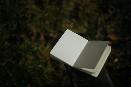 Blank paper book on a wooden table in the forest. Selective focus.