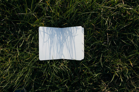 Blank white business card on green grass background. Top view.