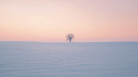 Lonely tree in the middle of a snowy field at sunset - AI generatedの写真素材