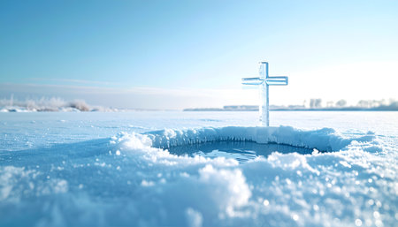 Cross in the snow. 3d illustration. Blue sky background.の素材