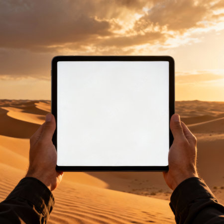 male hands holding digital tablet with white screen in the middle of the desertの素材