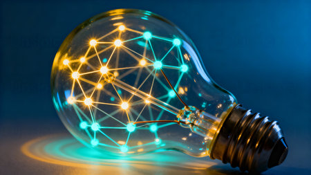 Lightbulb with network on blue background, concept of idea and innovationの素材
