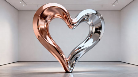 3D render of an abstract metallic heart in a modern interior.の素材