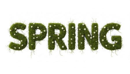 Spring text made of grass and flowers isolated on a white background.の素材