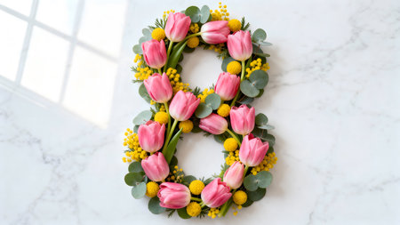 Number 8 made of pink tulips and mimosa flowers on white marble backgroundの素材