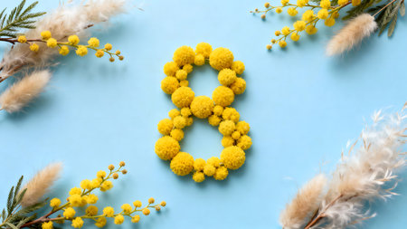 Flat lay composition with mimosa flowers and number 8 on blue backgroundの素材