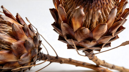 Close up of a protea flower head on a white background.の素材