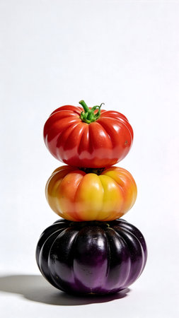 Tomato and eggplant isolated on white background. Studio shot.の素材