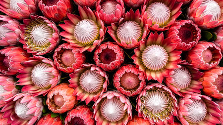 Background of red protea flowers. Top view. Copy space.の素材