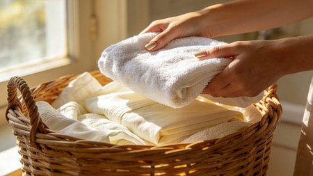 Close-up of female hands holding white towels in wicker basketの素材