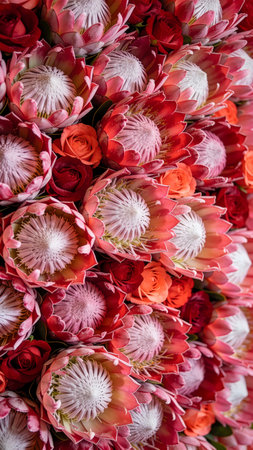 Bouquet of red and pink protea flowers, close upの素材