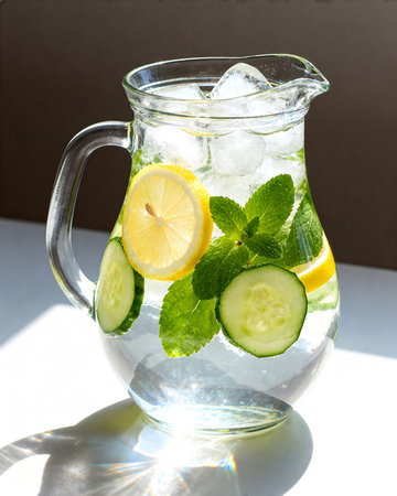 Lemonade with cucumber, lemon and mint in a glass jugの素材