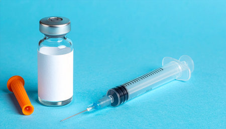 Vaccine vial and syringe on a blue background.の素材