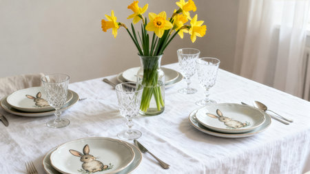 Easter cake with colored eggs on a wooden board in the kitchenの素材