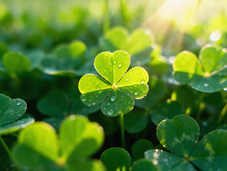 Green clover leaves with dew drops. Saint Patrick's Day backgroundの素材