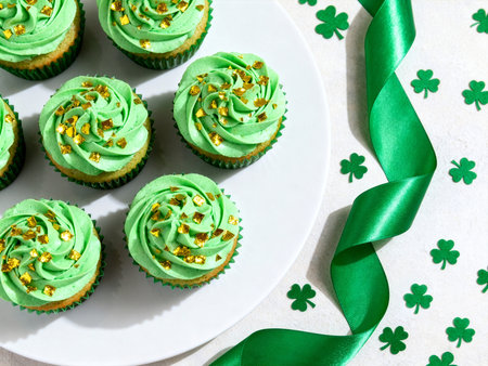 Green cupcakes with buttercream frosting and green satin ribbon for St. Patrick's Dayの素材