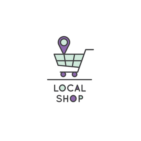Vector Icon Style Illustration Logo of Local Store, Market, Supermarket, Grocery Shop with Shopping Bag and Geo Tagのイラスト素材