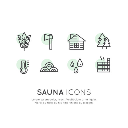 Vector Icon Style Illustration Logo Set for Web or Mobile. Sauna and Steam Hot House Village Emblems, National, Cottage House in the Forestのイラスト素材