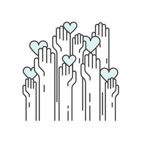 Vector Icon Style Illustration Card or Poster Template with Charity and Fundraising Objects. Volunteer Poster. Rising Hands for Help, Funsraising Event Brochure Templateのイラスト素材