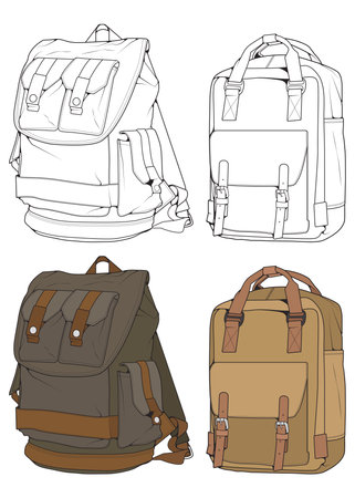 Set of Vector Backpacks Illustration. Backpacks for students, travellers and tourists.&#xD;&#xA;のイラスト素材