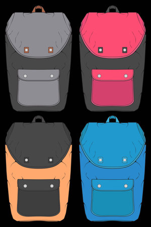 Set of three colorful backpacks on black background. Vector illustration.のイラスト素材