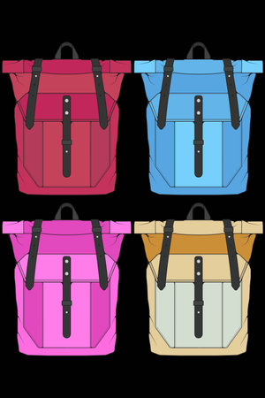 Illustration of a set of colorful backpack on a black background.のイラスト素材