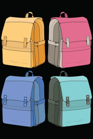 Vector illustration of a set of colorful backpacks on a black backgroundのイラスト素材