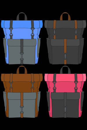Vector illustration of a set of backpacks on a black background.のイラスト素材