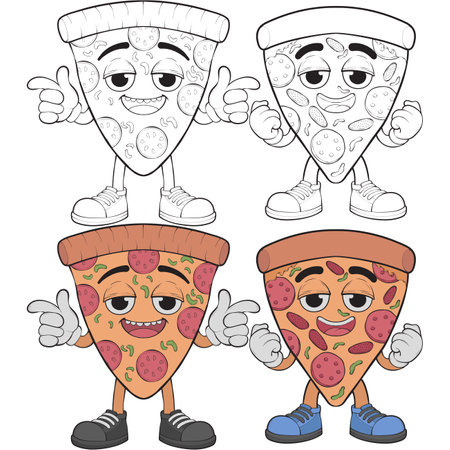 Bundling Set of cartoon pizza character. Veector of pizza with cheese. Happy pizzeria mascot character. Vector coloring page.&#xD;&#xA;のイラスト素材