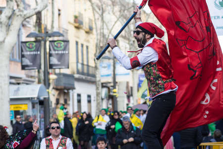 Vilanova i la Geltrú / Spain - February, 11, 2018: Comparsas groups dancing in "War of candies"のeditorial素材