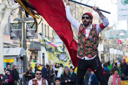 Vilanova i la Geltrú / Spain - February, 11, 2018: Comparsas groups dancing in "War of candies"のeditorial素材