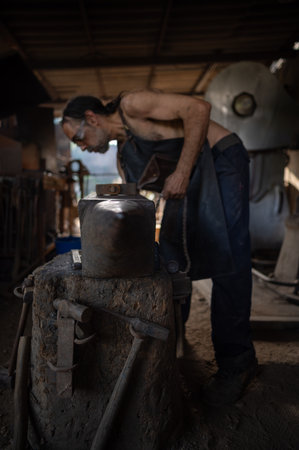 Selective focus on an anvil with a blacksmith in the background in a forge shop. Blacksmith concept.の写真素材