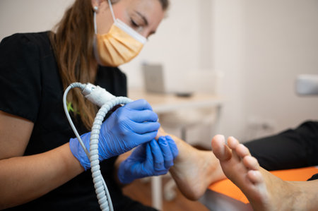 Chiropodist wearing mask and gloves using electric machine removing calluses on patient's foot in chiropody centerの写真素材