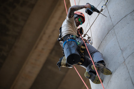 Rope access technician using a cordless drill while working on a concrete wall under a bridgeの写真素材