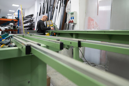 Carpenter concentrating on aluminum profiles, operating machinery in a bustling workshop environmentの写真素材