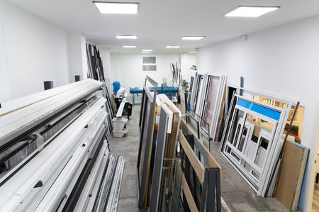 Various window frames and materials neatly organized in a bright, spacious workshop, ready for installation or assemblyの写真素材