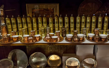 Copper coffee pots in the gift shop; Sarajevo, Bosnia and Herzegovina, 29.3.2015.のeditorial素材