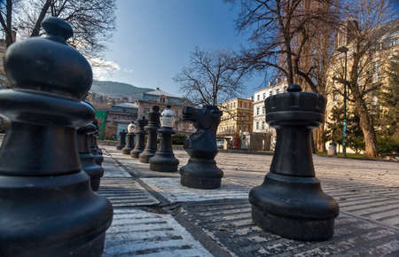 Traditional Oversized Street Chess figures in Sarajevo, Bosnia and Herzegovina. Photo taken 29.3.2015.のeditorial素材